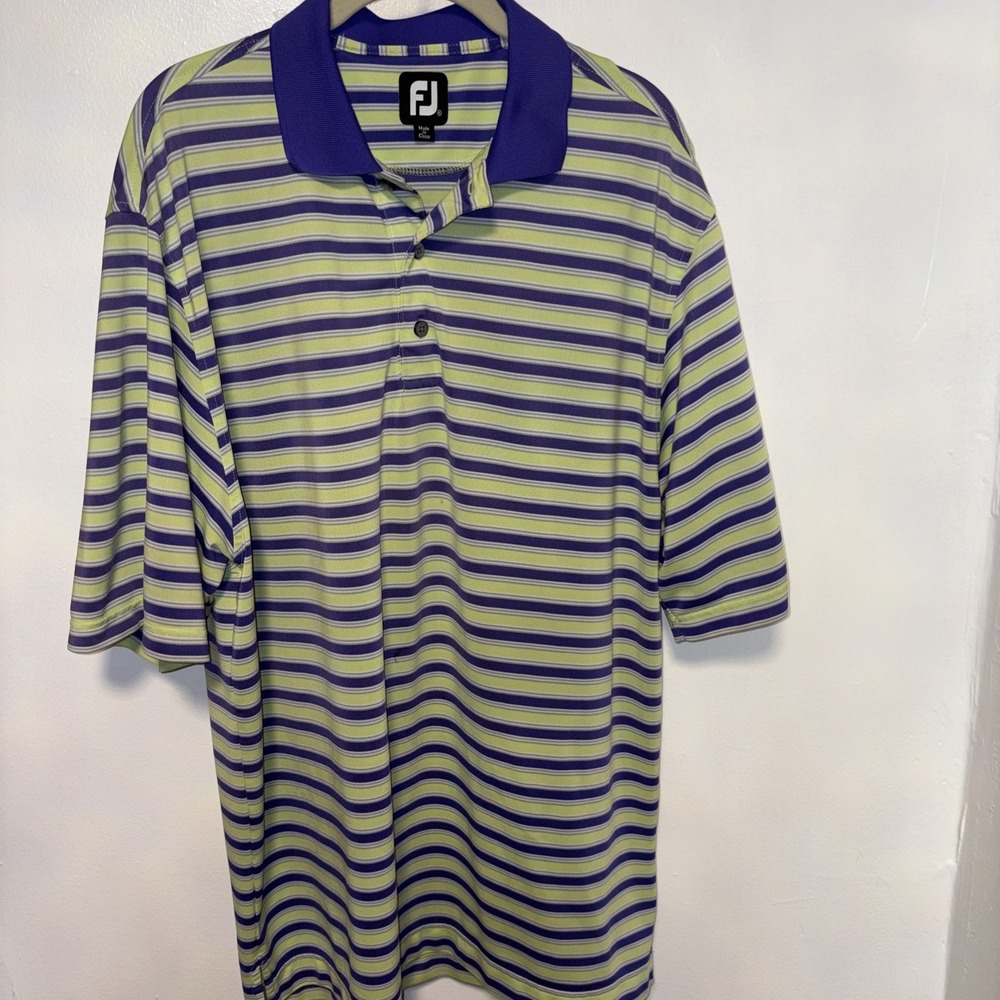 FootJoy Golf Polo Shirt Mens XL Purple and Green Striped Athletic Stretch FJ